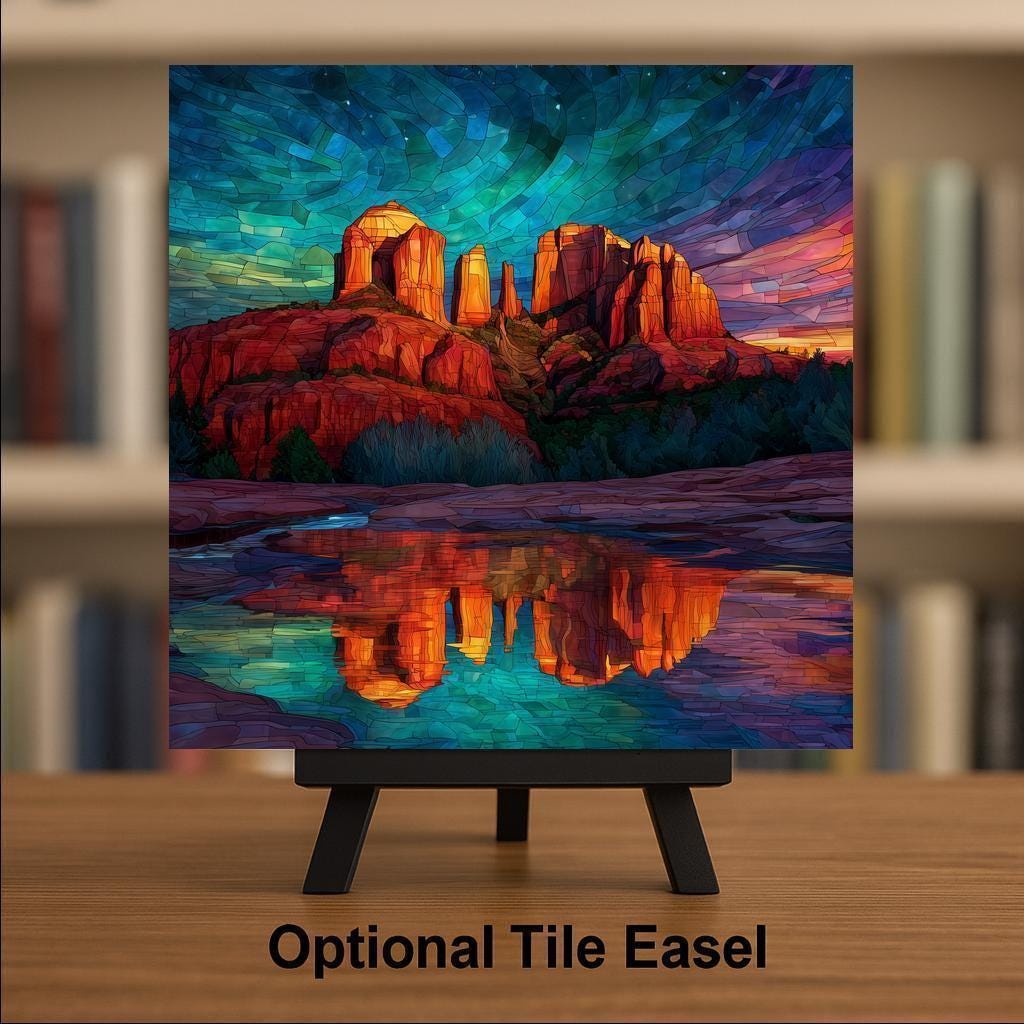 Sedona Cathedral Rock Ceramic Tile: Stained Glass Style Southwest Landscape with Sunset Reflection