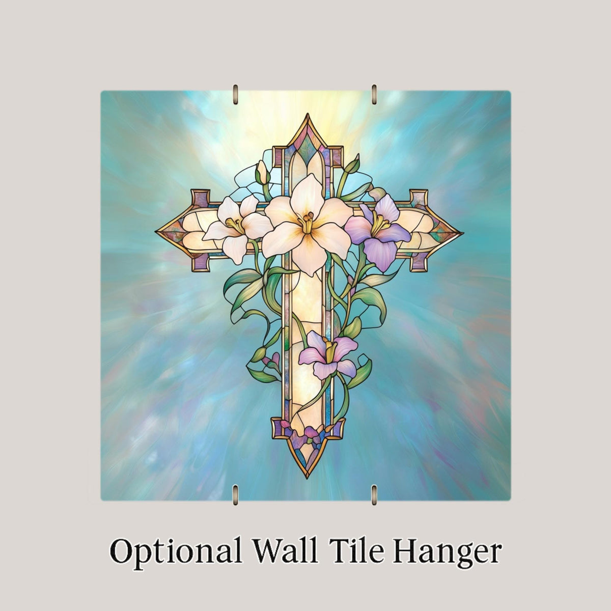 Cross Stained Glass Style Ceramic Art Tile – Easter Lily Christian Faith Wall Decor, William Morris Sympathy Accent