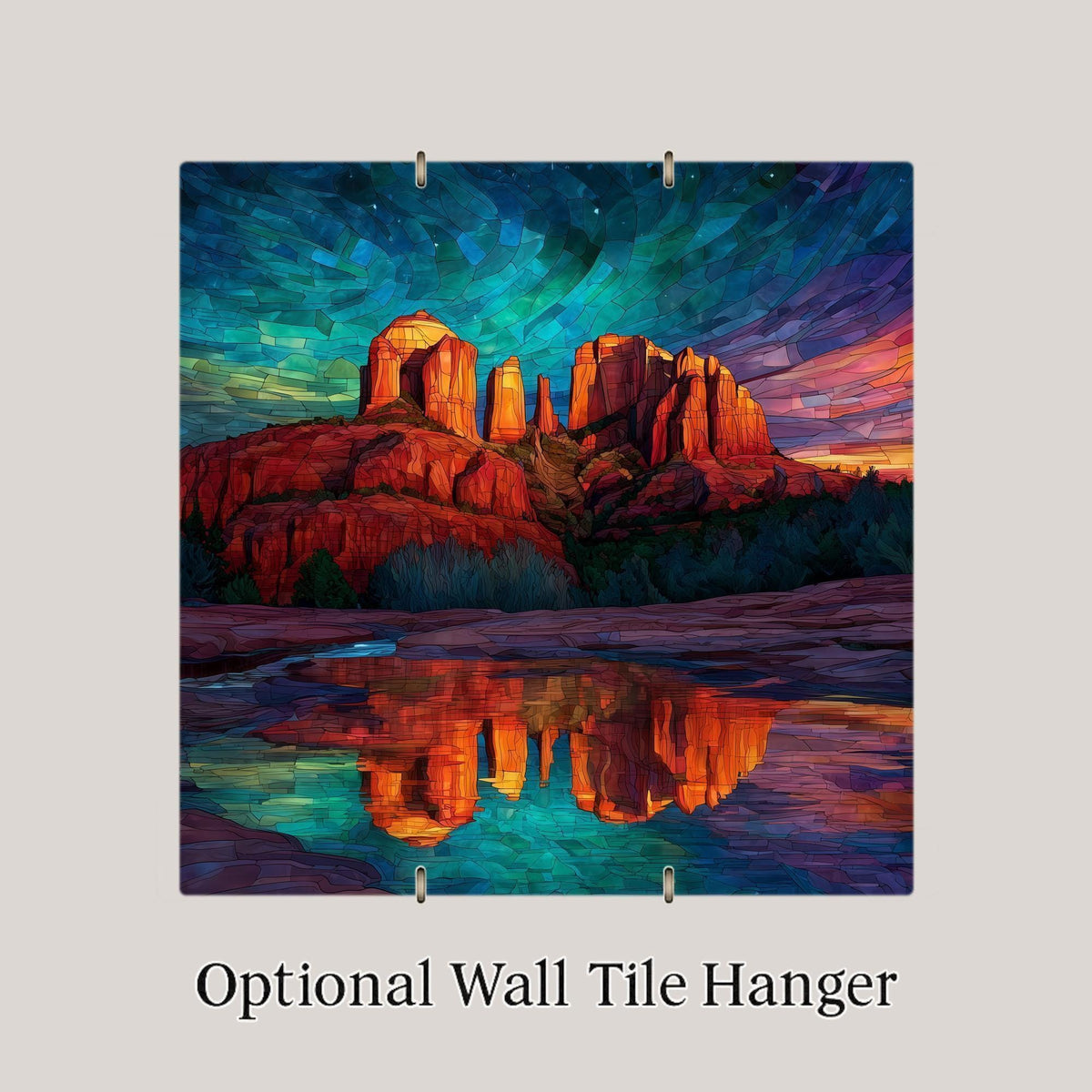 Sedona Cathedral Rock Ceramic Tile: Stained Glass Style Southwest Landscape with Sunset Reflection