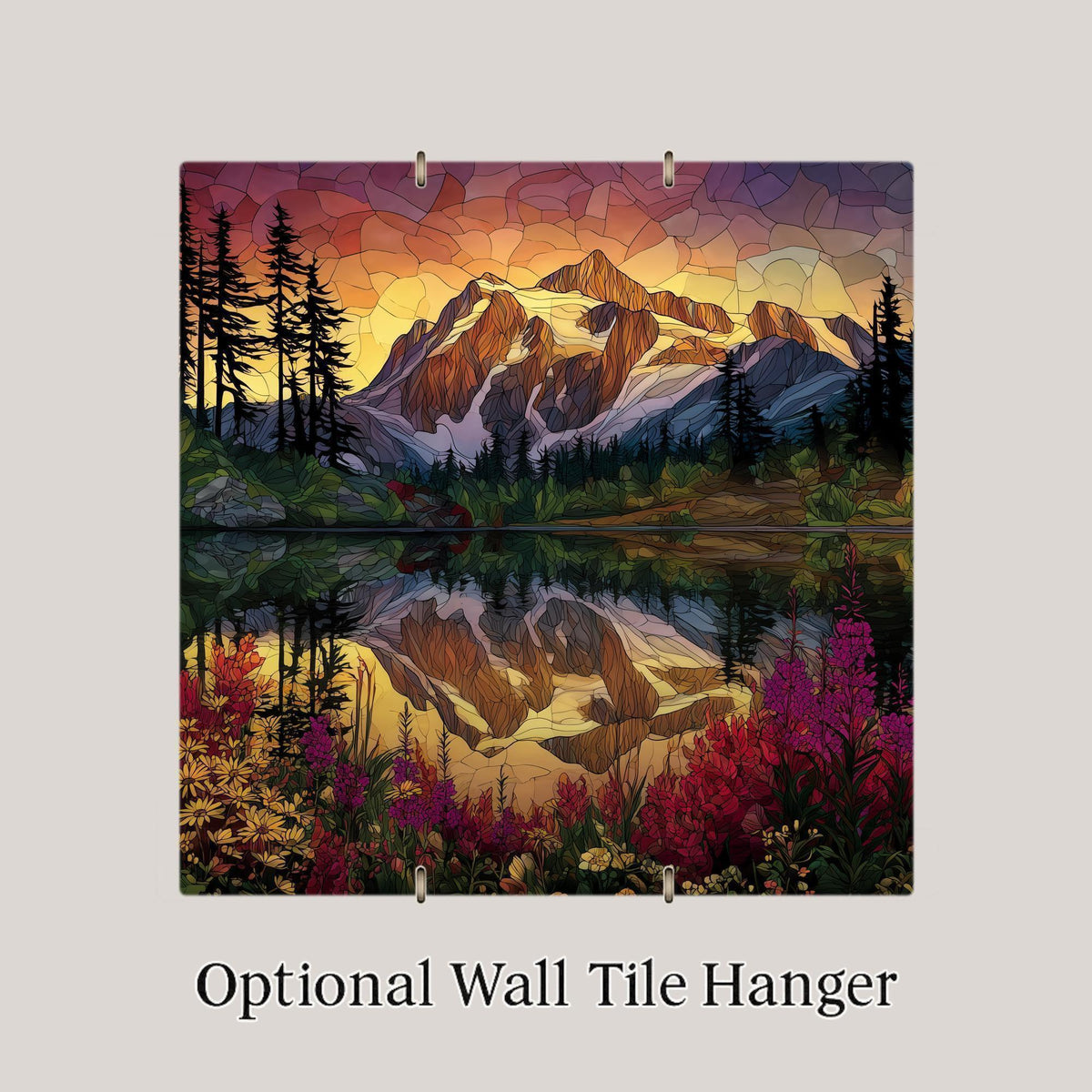 Mt Shuksan Ceramic Art Tile – Stained Glass Style Mountain Sunrise Wall Decor, Pacific Northwest Nature Gift