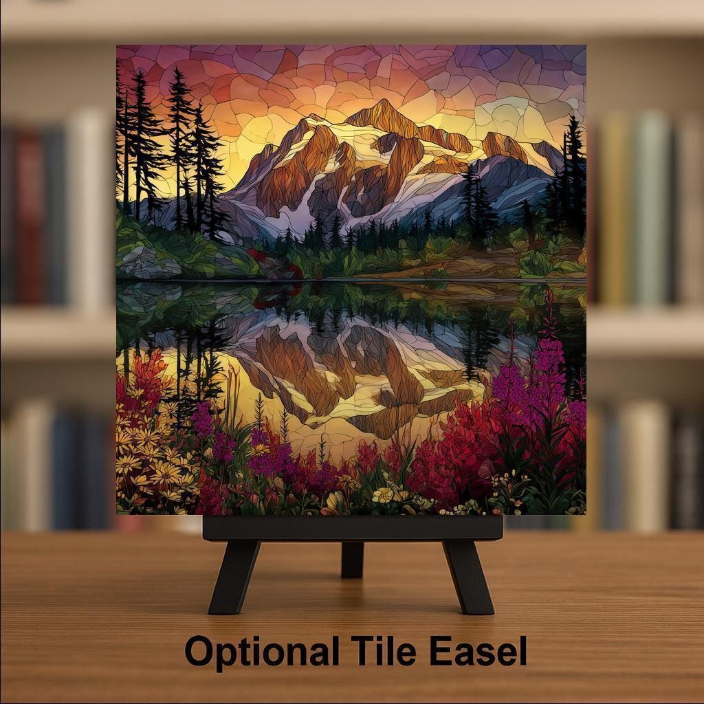Mt Shuksan Ceramic Art Tile – Stained Glass Style Mountain Sunrise Wall Decor, Pacific Northwest Nature Gift