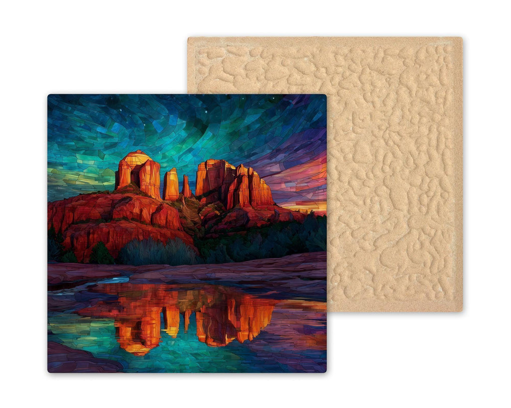 Sedona Cathedral Rock Ceramic Tile: Stained Glass Style Southwest Landscape with Sunset Reflection