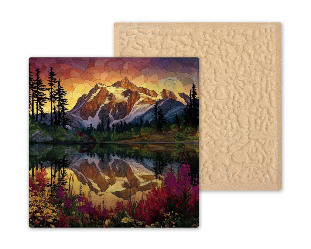 Mt Shuksan Ceramic Art Tile – Stained Glass Style Mountain Sunrise Wall Decor, Pacific Northwest Nature Gift