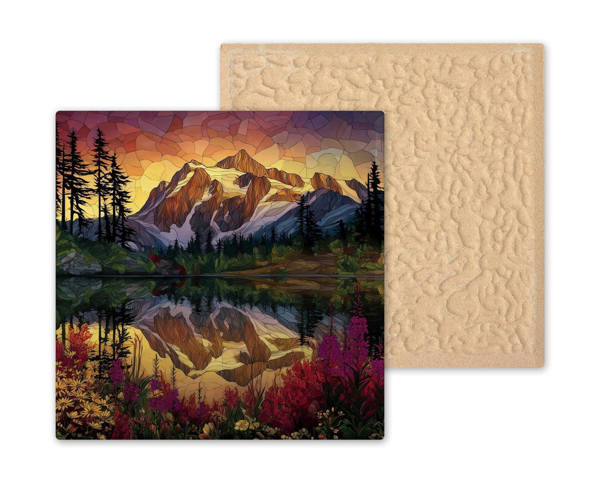 Mt Shuksan Ceramic Art Tile – Stained Glass Style Mountain Sunrise Wall Decor, Pacific Northwest Nature Gift