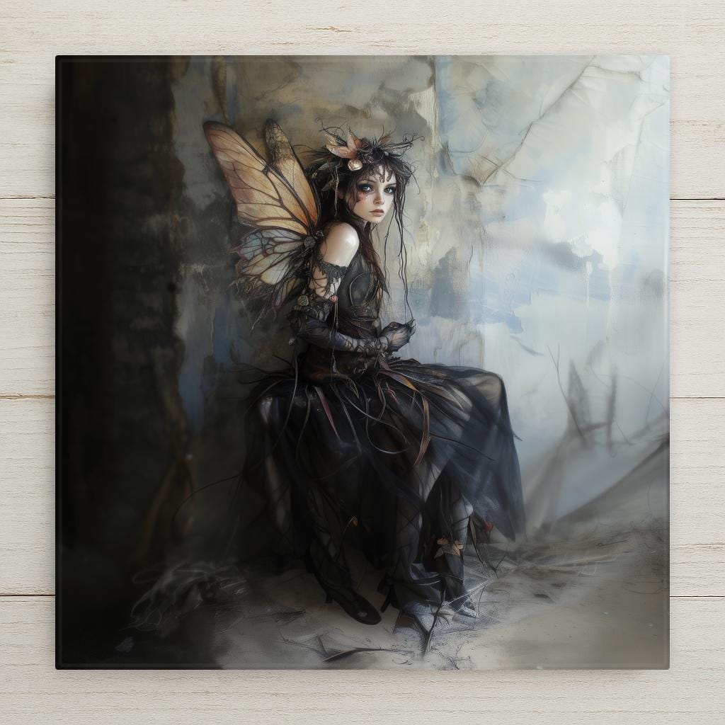 Gothic fairy ceramic tile art featuring a dark-winged fairy in a black gown with amber wings and mystical light. Perfect for witchy, fantasy, or fairycore spaces. A striking gift for lovers of moody, magical decor and woodland gothic beauty.