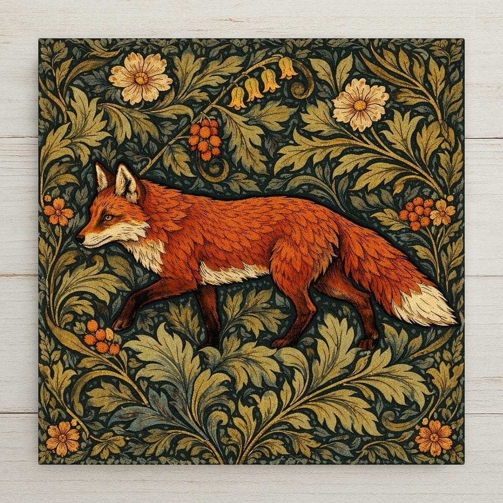 William Morris inspired fox ceramic tile featuring dense Arts and Crafts foliage in emerald green, muted gold, and indigo tones. Woodland wall art for cottagecore and heritage home decor.