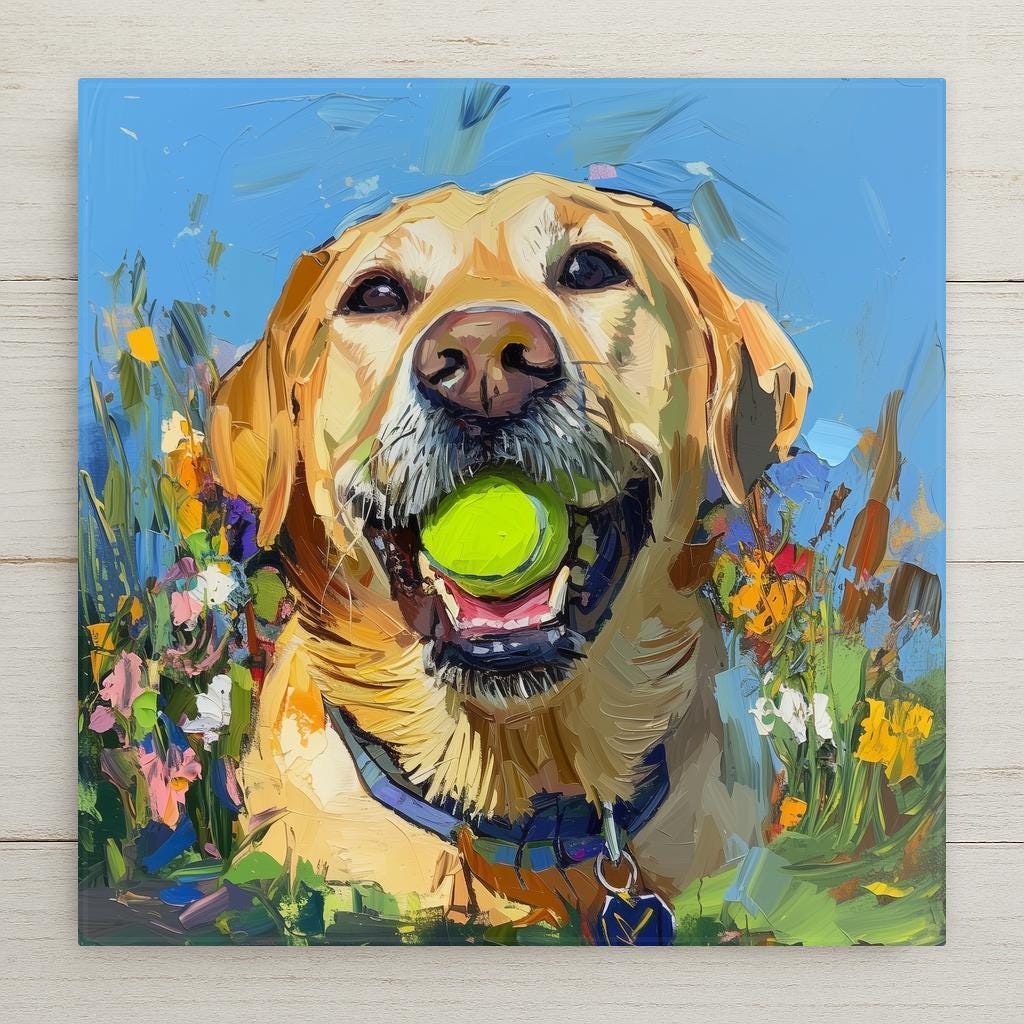 Playful Labrador Retriever tile art featuring a yellow Lab with tennis ball. Bold impasto style, handmade pet decor full of color and joy.