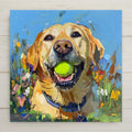 Playful Labrador Retriever tile art featuring a yellow Lab with tennis ball. Bold impasto style, handmade pet decor full of color and joy.