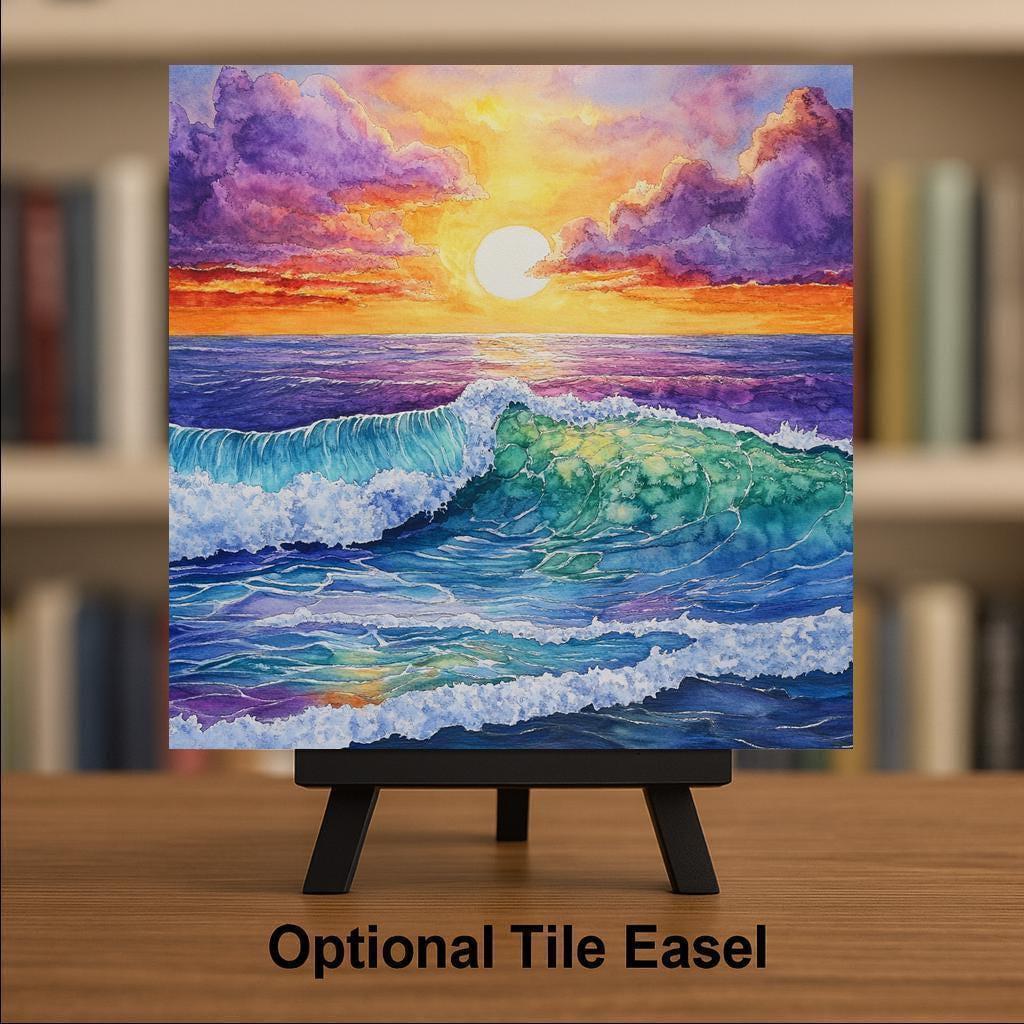 Ocean Sunset Watercolor Ceramic Art Tile: Coastal Wall Decor Beach House Accent Ocean Home Decor Wall Art Watercolor Seascape Beach House