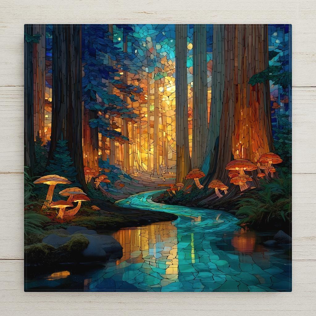 Redwood Forest stained glass-style ceramic tile featuring a glowing creek through ancient trees. Perfect wall art for home decor. Optional tile wall hanger, tile stand, cork backing, and premium frame available. Permanent print on tile, not real stained glass or mosaic.