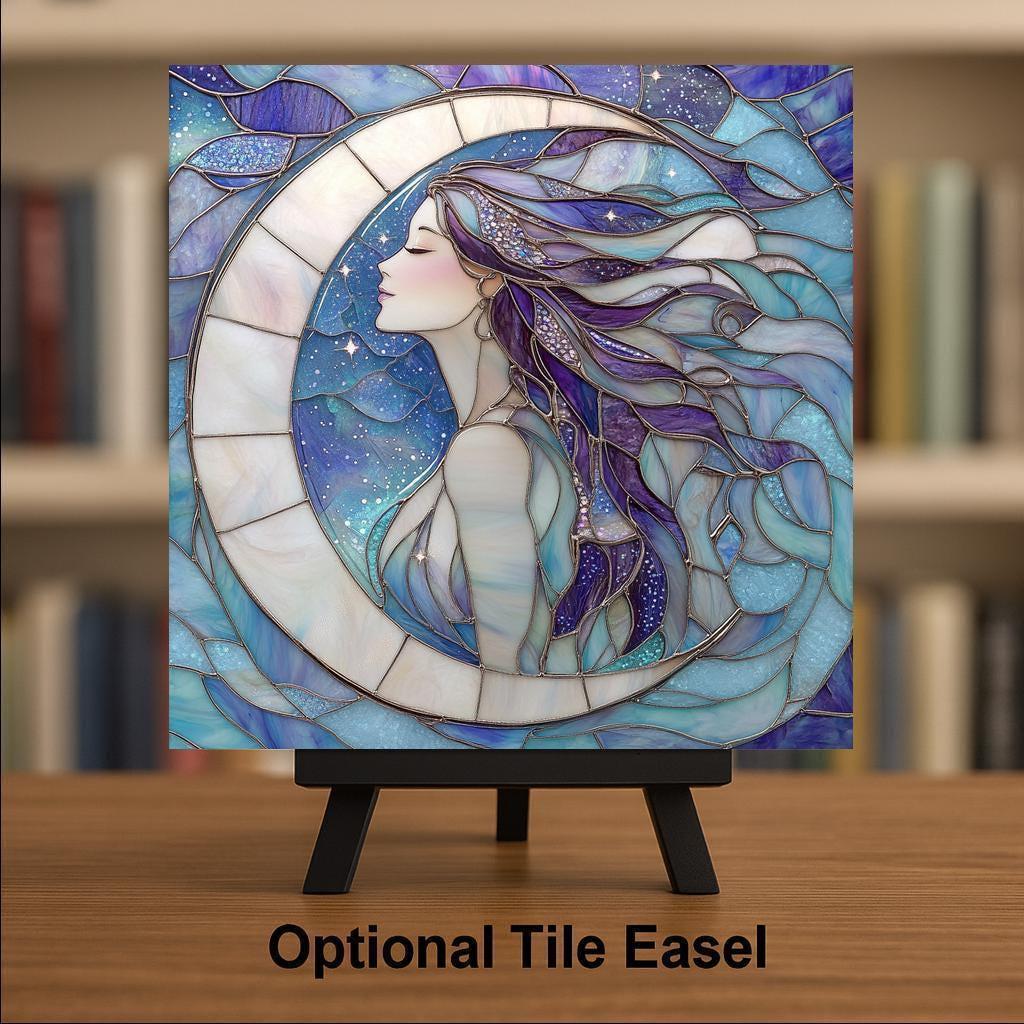 Moon Goddess Wall Art Ceramic Tile Celestial Gift Boho Decor Witchy Art Luna Nature Astrology Moon Phase Gift