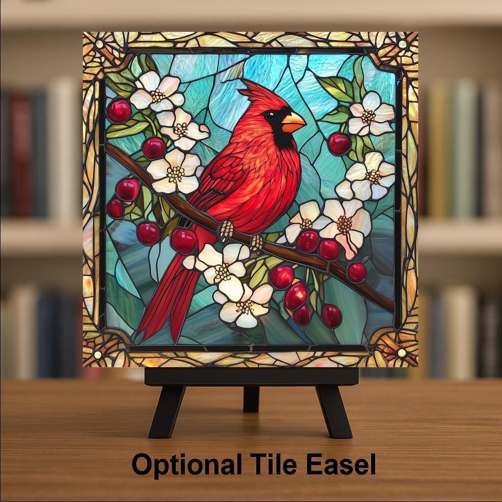 Cardinal Memorial Wall Art Ceramic Tile Stained Glass Style Bird Art Sympathy Gift Red Bird Decor Cardinal Lover Gift Tile