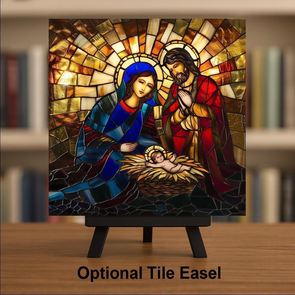 Holy Family Stained Glass Style Ceramic Art Tile – Nativity Christmas Wall Art, Catholic Religious Gift