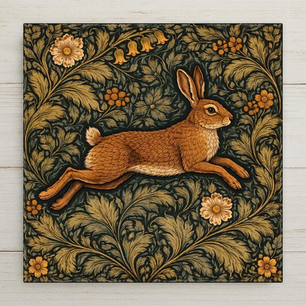William Morris inspired hare ceramic tile featuring dense acanthus foliage in emerald and gold tones. Arts and Crafts woodland wall art for cottagecore decor.