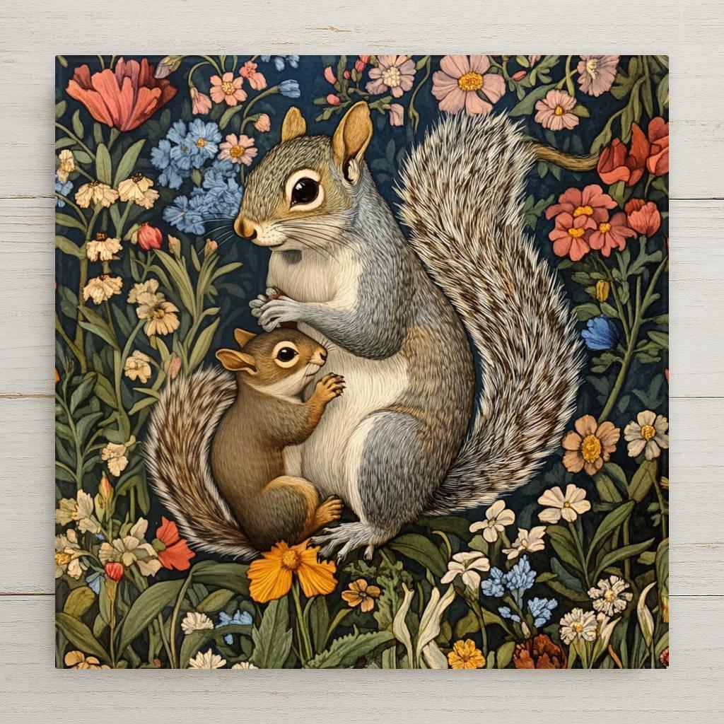 Bring the captivating charm of Art Nouveau William Morris to your space with this woodland squirrel lovers ceramic tile wall decor. Perfect for baby squirrel nursery decor or as a unique home decor coaster or trivet. Add a touch of elegance and nature to your surroundings today!