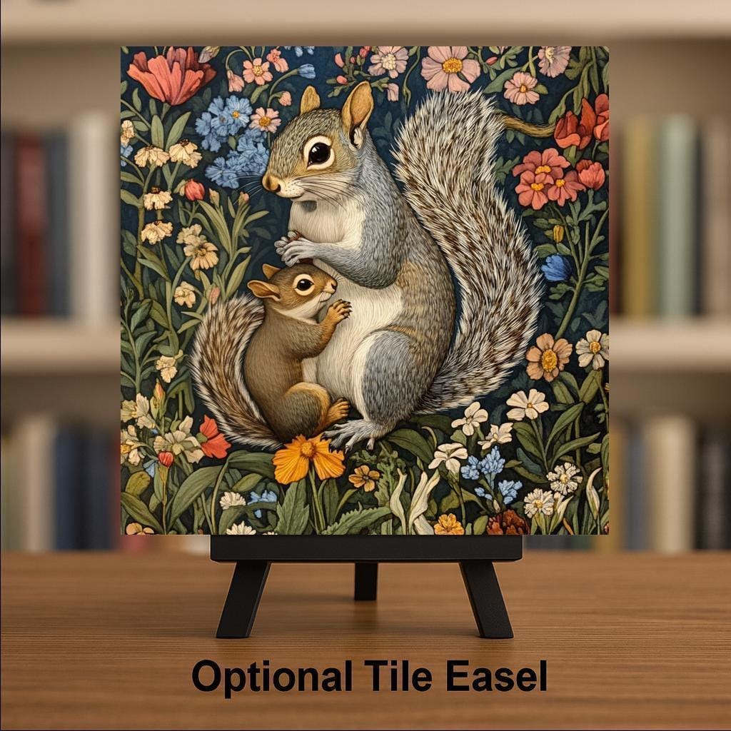 Squirrel Wall Art Ceramic Tile William Morris Style Gift Woodland Nature Art Cabin Decor Squirrel Lover Nature Gift Tile