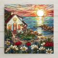 This ceramic tile features a cozy cottage, floral garden, and glowing sunset in a stained glass-style design. A beautiful piece of coastal cottage wall art. Optional wall hanger, easel stand, and cork backing available.