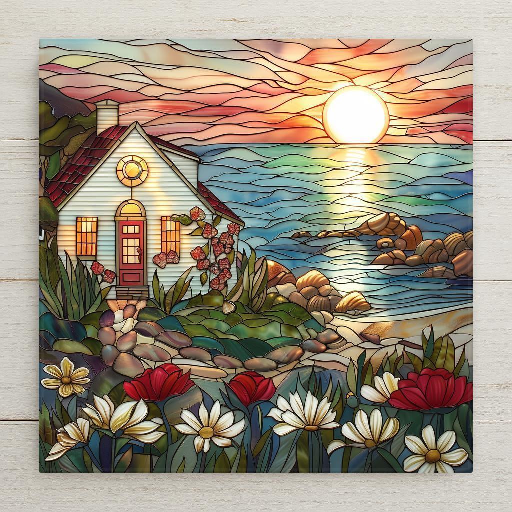 This ceramic tile features a cozy cottage, floral garden, and glowing sunset in a stained glass-style design. A beautiful piece of coastal cottage wall art. Optional wall hanger, easel stand, and cork backing available.