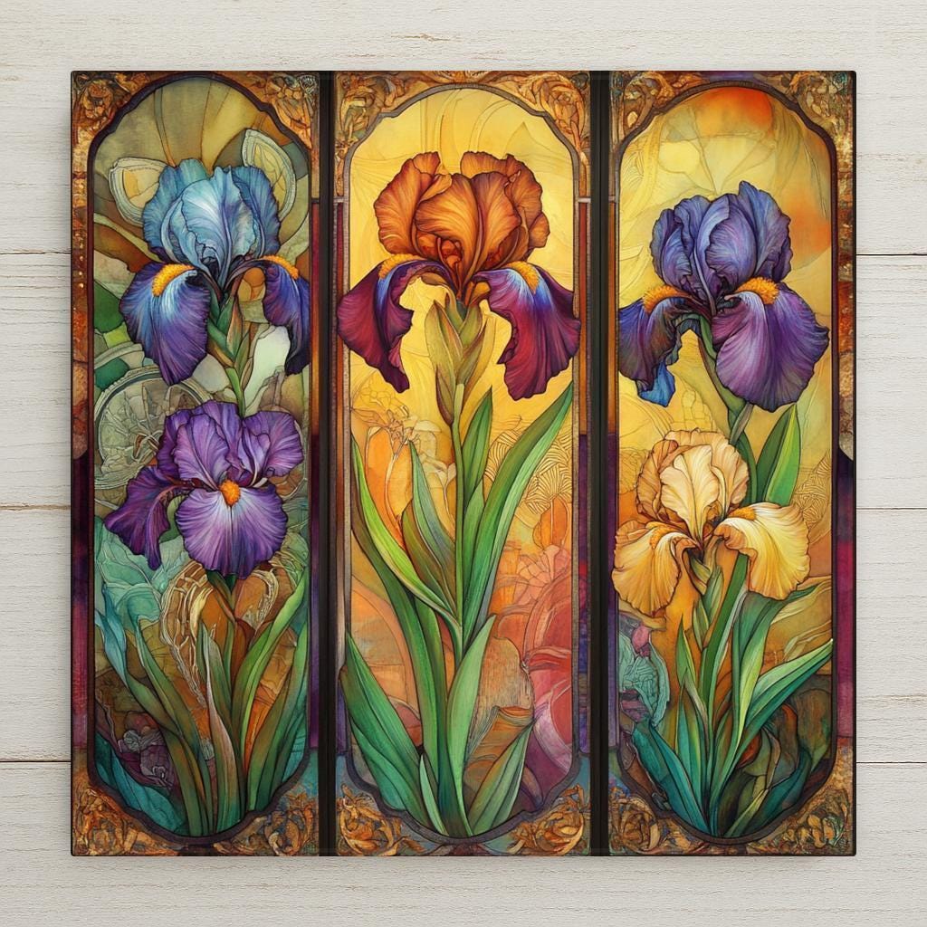 Add a touch of Art Nouveau charm to your home with this stunning ceramic tile featuring a stained glass look design of beautiful irises. The vibrant purple, blue, and yellow hues, accented with gold details, create a mesmerizing piece of wall art that can also be used as a trivet or coaster. Elevate your home decor with this unique and artistic irises wall decor!