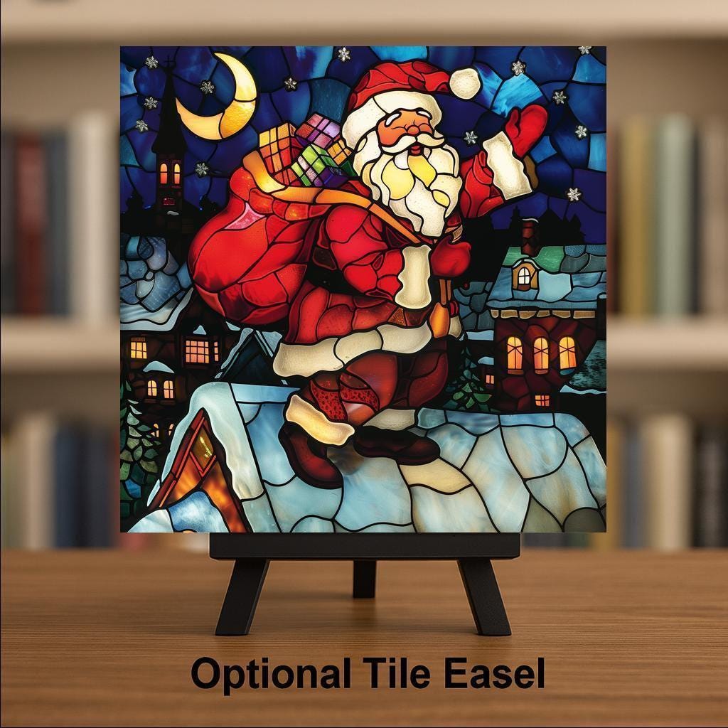 Rooftop Santa Wall Art Ceramic Tile Christmas Gift Holiday Decor Christmas Eve Art Festive Home Tile