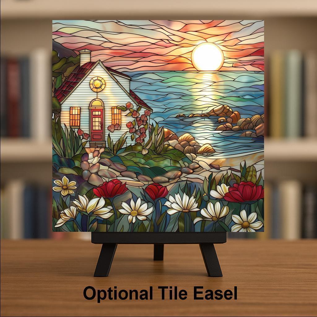 Coastal Cottage Sunset Wall Art Ceramic Tile Beach Home Gift Seascape Decor Ocean Art Coastal Lover Gift Tile