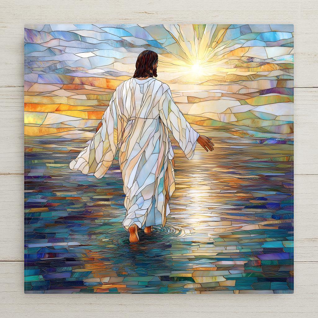 Jesus Walking on Water Tile in stained glass style. Christian wall art, faith home decor, religious gift with sunrise mosaic design.