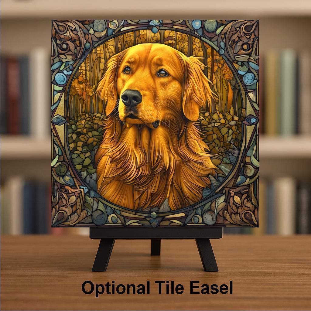 Golden Retriever Memorial Stained Glass Style Ceramic Art Tile – Dog Remembrance Rainbow Bridge Wall Decor, Pet Loss Keepsake