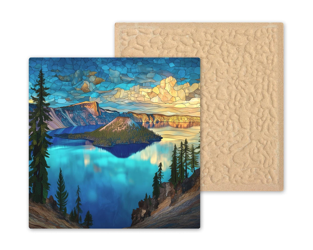 Crater Lake Ceramic Tile Art: Oregon Landscape Wall Decor, Stained Glass Style Mountain Scene