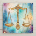 Libra zodiac ceramic tile art featuring ornate golden scales on a dreamy celestial background. Ideal for Libras or astrology lovers. Symbolic and elegant.