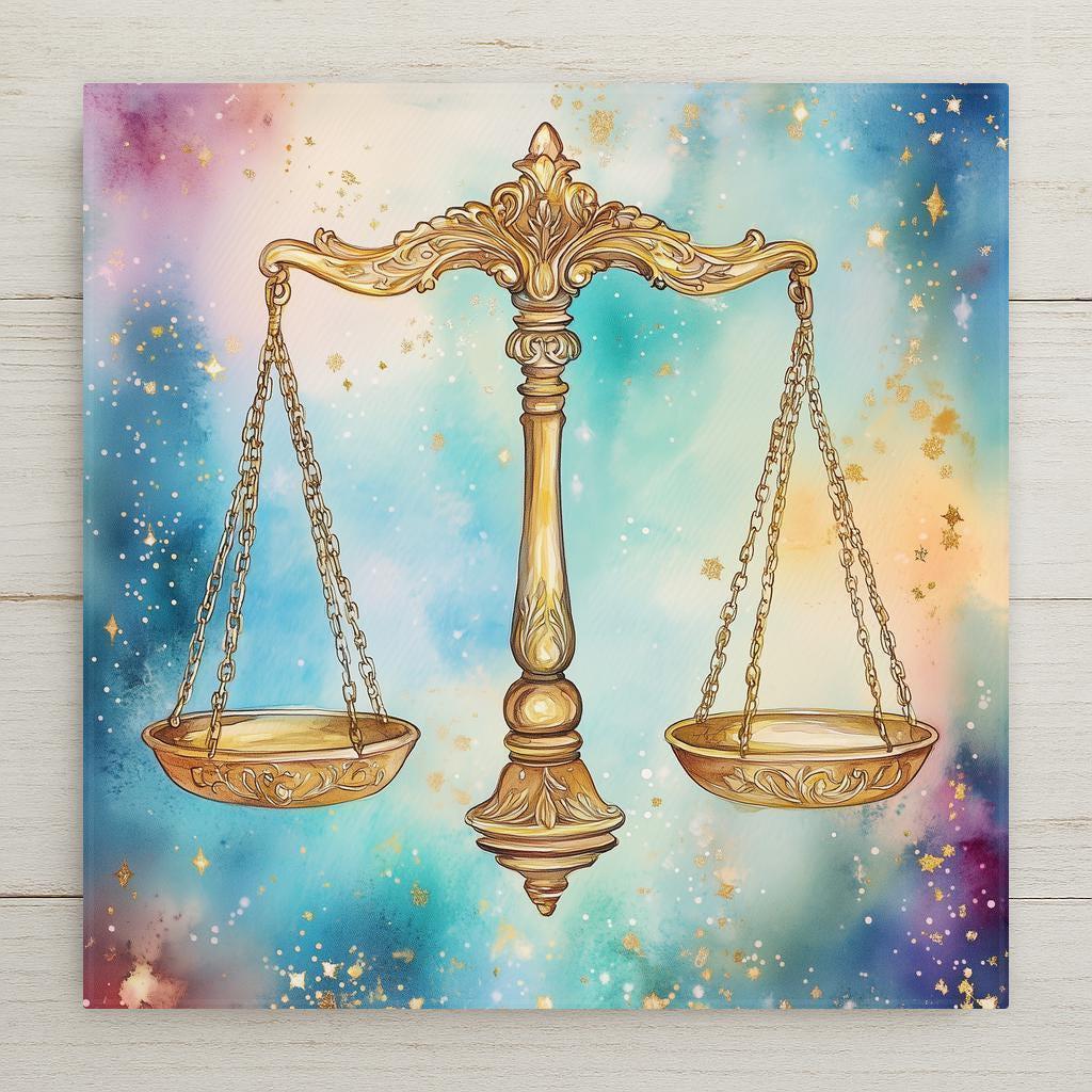 Libra zodiac ceramic tile art featuring ornate golden scales on a dreamy celestial background. Ideal for Libras or astrology lovers. Symbolic and elegant.