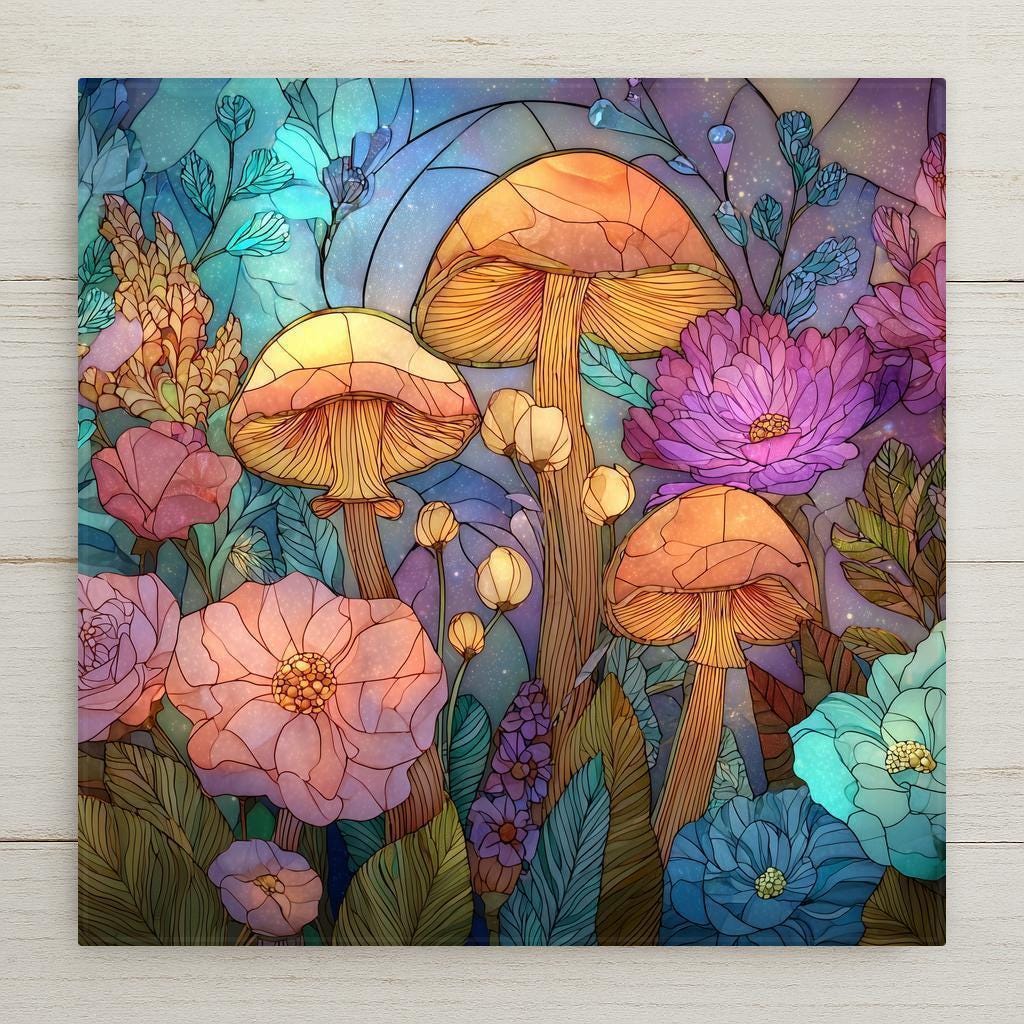 Whimsical stained glass–style mushroom ceramic tile wall art featuring glowing mushrooms, layered florals, and jewel-tone colors. This fantasy woodland design adds cozy cottagecore charm to wall decor or shelf decor. Printed on ceramic tile for lasting color and detail. Optional tile wall hanger, easel tile stand, cork backing, and premium frame option available.