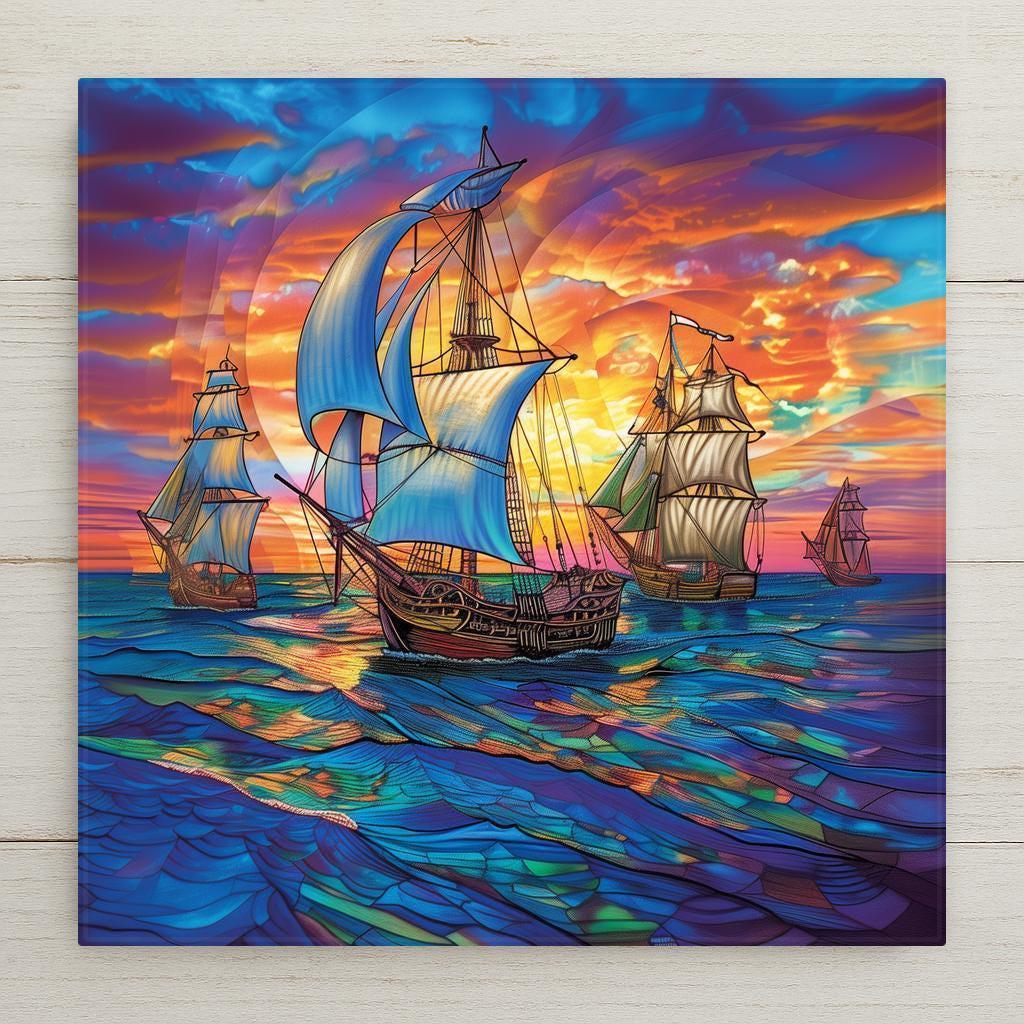 This fleet of sailing ships stained glass style ceramic tile wall art glows with radiant sunset colors and ocean blues. Perfect for nautical or coastal décor, it includes optional add-ons like a tile wall hanger, easel tile stand, or cork backing. A timeless gift for ocean lovers and sailors.