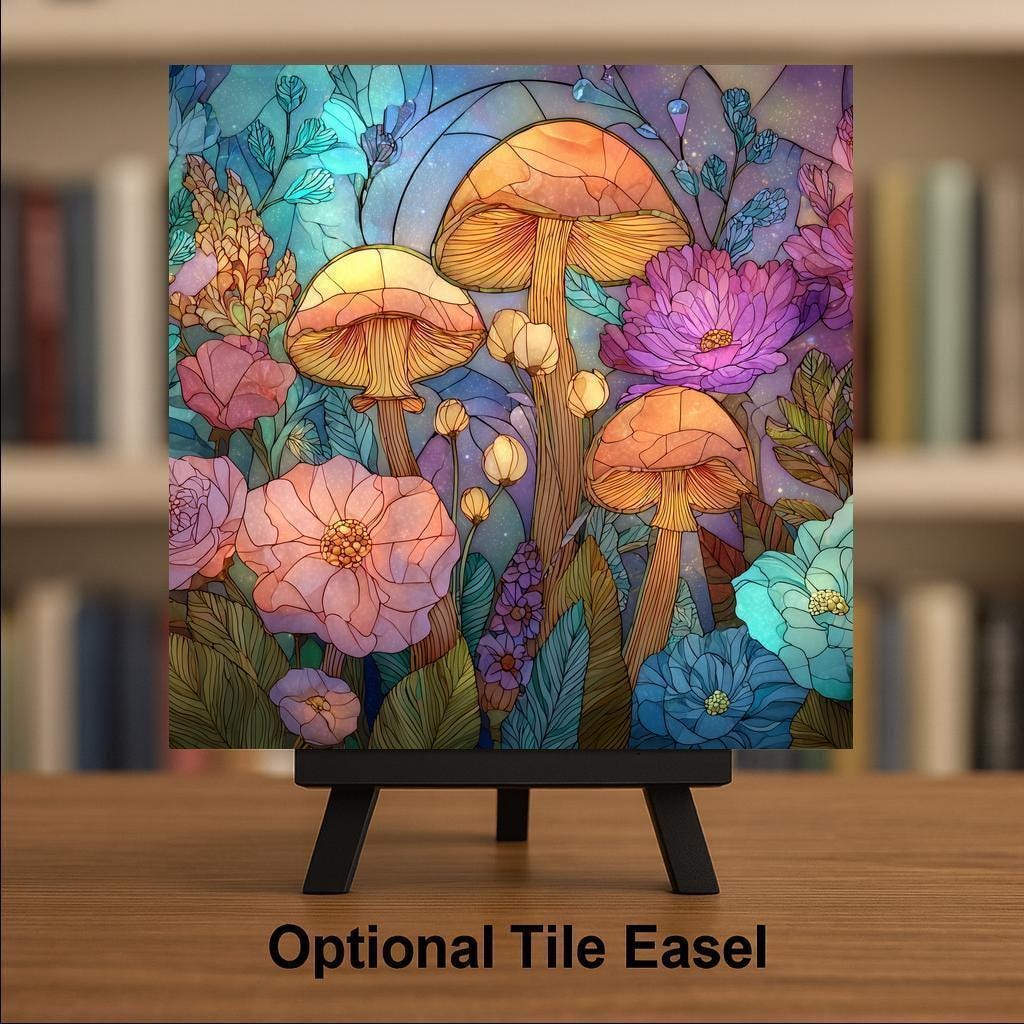 Mushroom Stained Glass Style Ceramic Art Tile – Whimsical Woodland Wall Decor, Cottagecore Fantasy Nature Gift