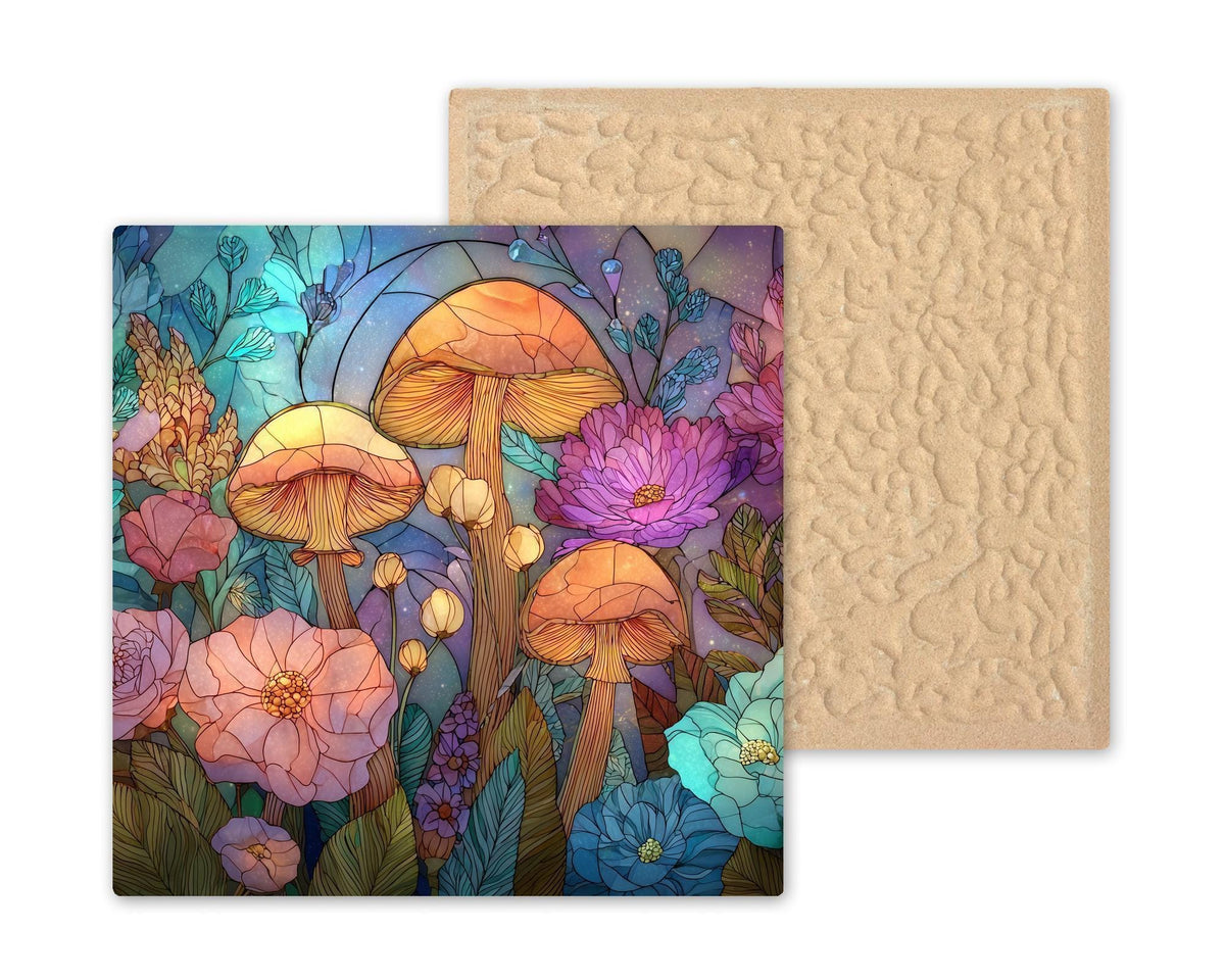 Mushroom Stained Glass Style Ceramic Art Tile – Whimsical Woodland Wall Decor, Cottagecore Fantasy Nature Gift