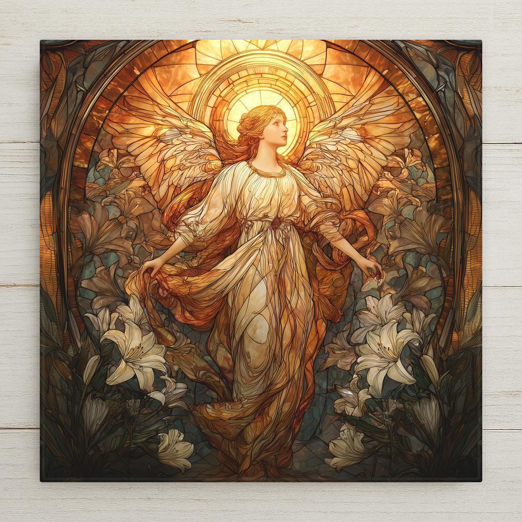 Stained glass-style ceramic tile featuring a glowing guardian angel surrounded by lilies, golden light, and ornate mosaic details.