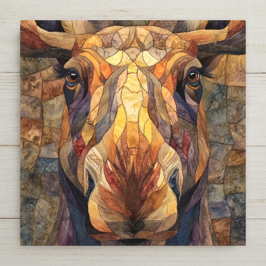 Moose ceramic tile wall art in a stained glass style, featuring a close-up moose portrait in warm earth tones. Rustic wildlife artwork ideal for lodge decor, cabin decor, and woodland home decor.