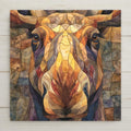 Moose ceramic tile wall art in a stained glass style, featuring a close-up moose portrait in warm earth tones. Rustic wildlife artwork ideal for lodge decor, cabin decor, and woodland home decor.
