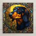 Stained glass style playful dachshund ceramic tile with a joyful wiener dog in full energetic run against warm amber and cobalt tones, a vivid fun dachshund lover gift and playful dog decor tile.