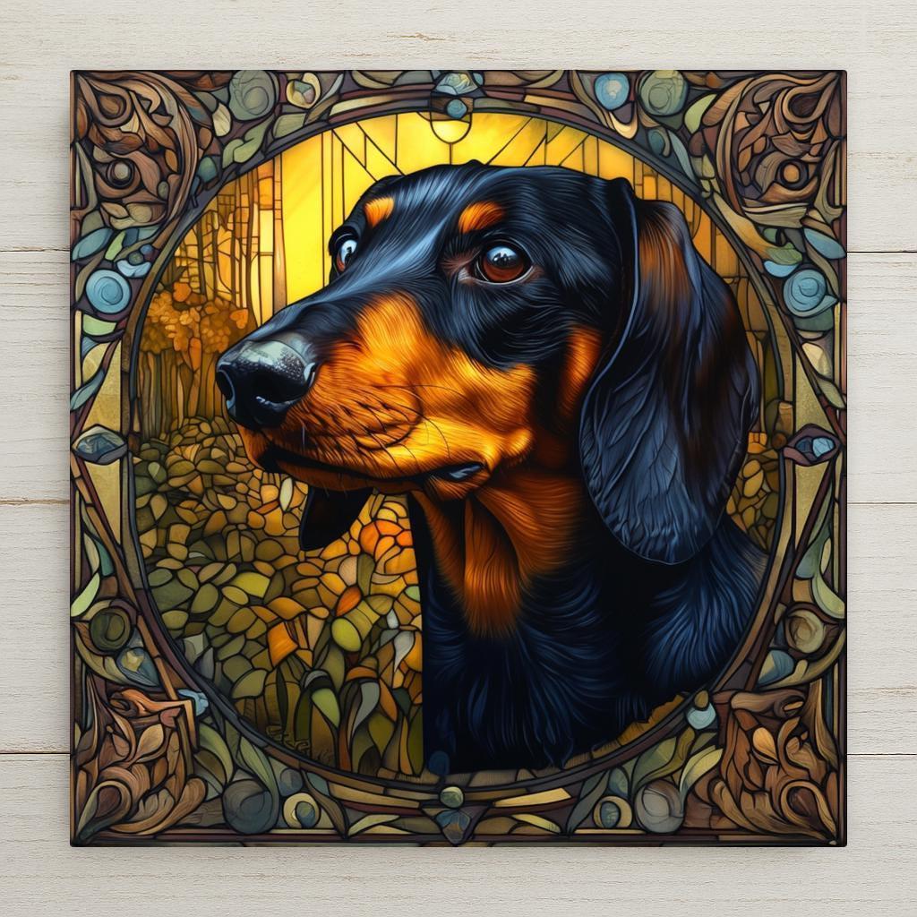 Stained glass style playful dachshund ceramic tile with a joyful wiener dog in full energetic run against warm amber and cobalt tones, a vivid fun dachshund lover gift and playful dog decor tile.