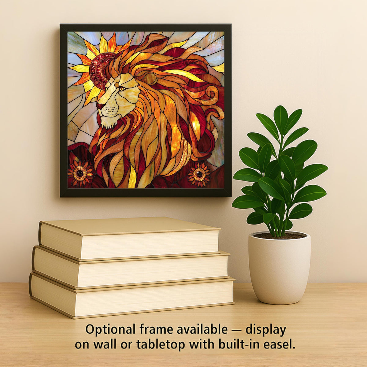 Leo Zodiac Stained Glass Style Ceramic Art Tile – Lion Astrology Wall Decor, Fire Sign Golden Sun Birthday Accent