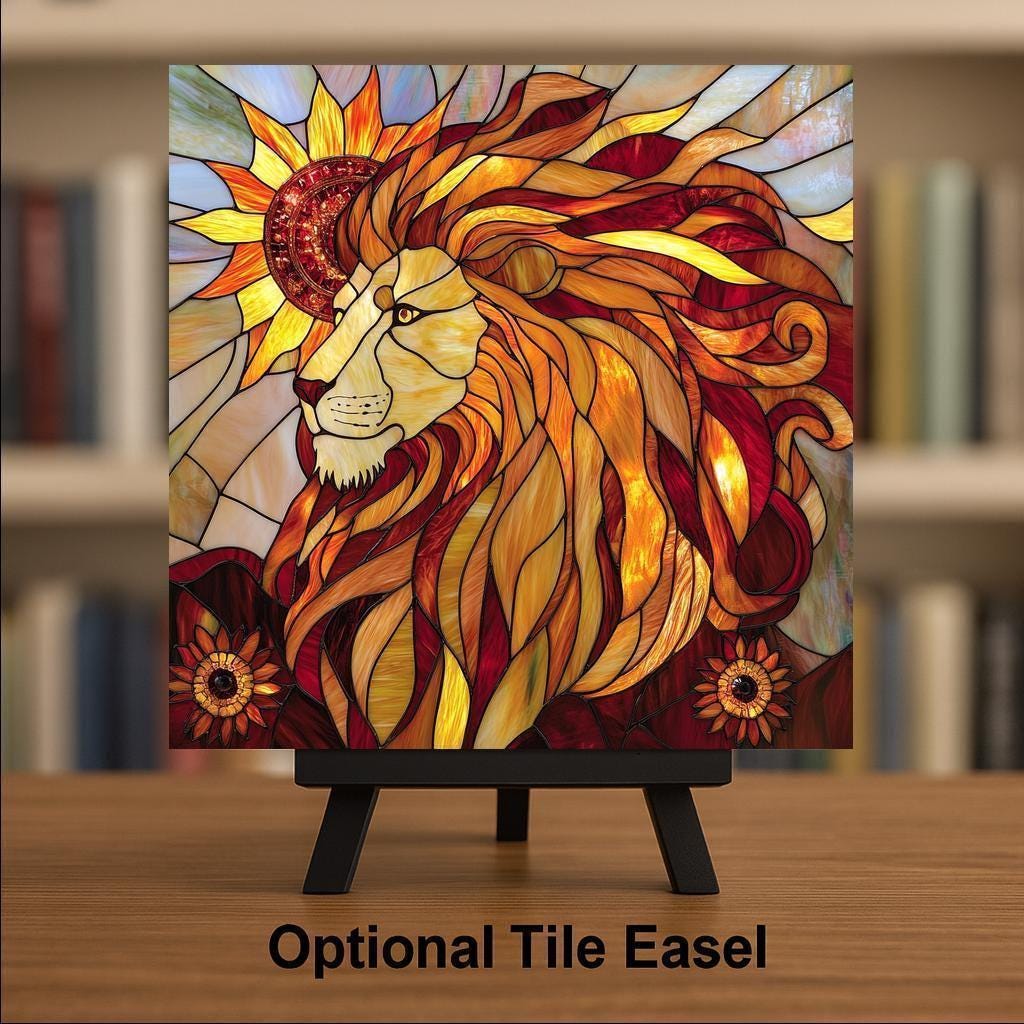 Leo Zodiac Stained Glass Style Ceramic Art Tile – Lion Astrology Wall Decor, Fire Sign Golden Sun Birthday Accent