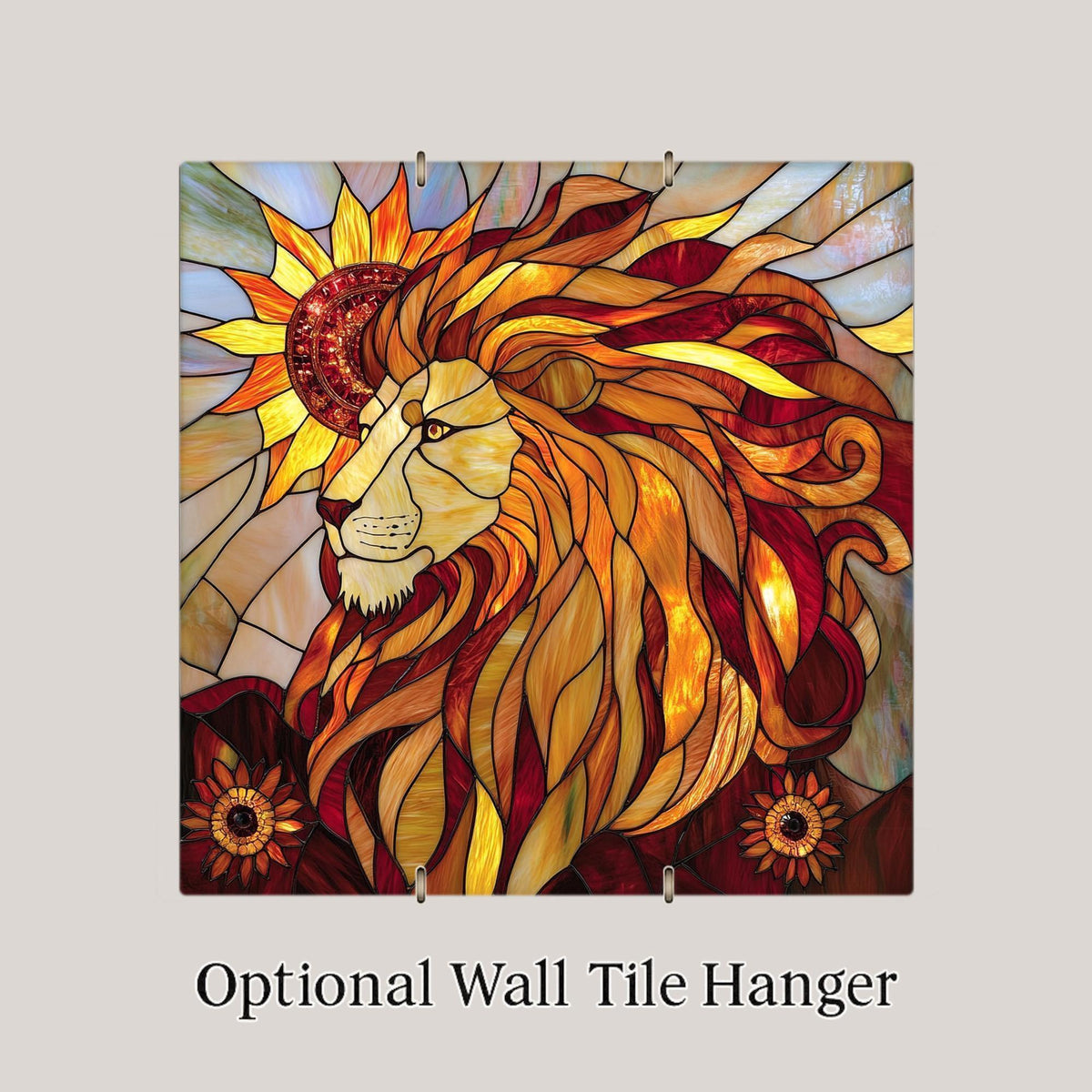 Leo Zodiac Stained Glass Style Ceramic Art Tile – Lion Astrology Wall Decor, Fire Sign Golden Sun Birthday Accent