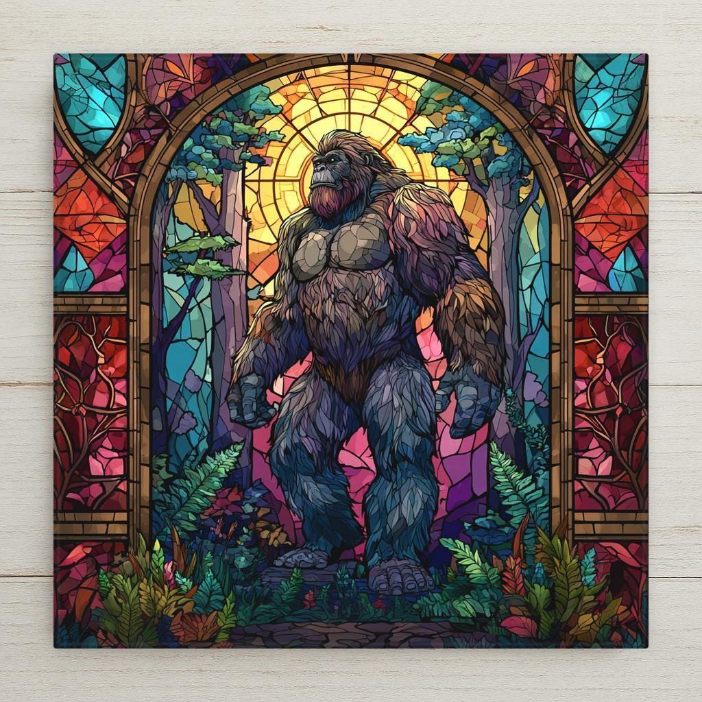 Stained glass style bigfoot ceramic tile showing a sasquatch standing in a jewel-toned cathedral window forest with a radiant sun halo, leaded glass look woodland wall art