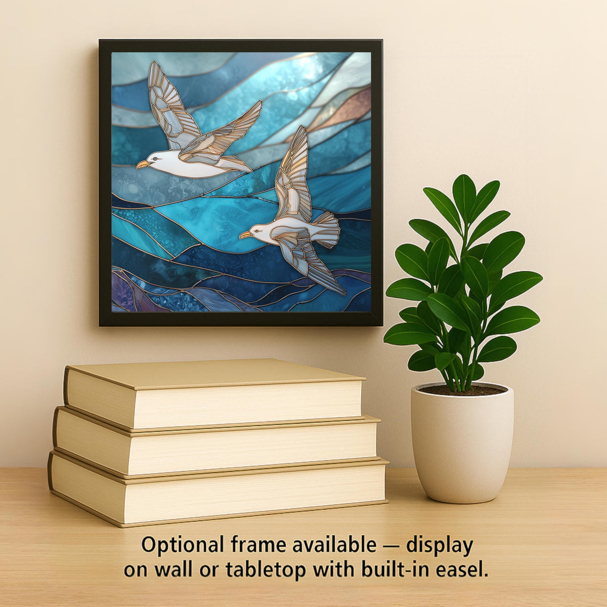 Seagulls Ocean Waves Ceramic Tile Wall Art – Stained Glass Style Coastal Wall Decor, Nautical Home Decor, Beach Cottage Ocean Artwork Tile