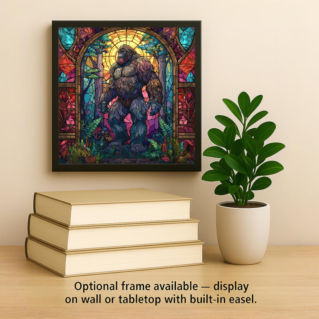 Bigfoot Wall Art Ceramic Tile Stained Glass Style Sasquatch Cathedral Window Decor Colorful Woodland Nature Art