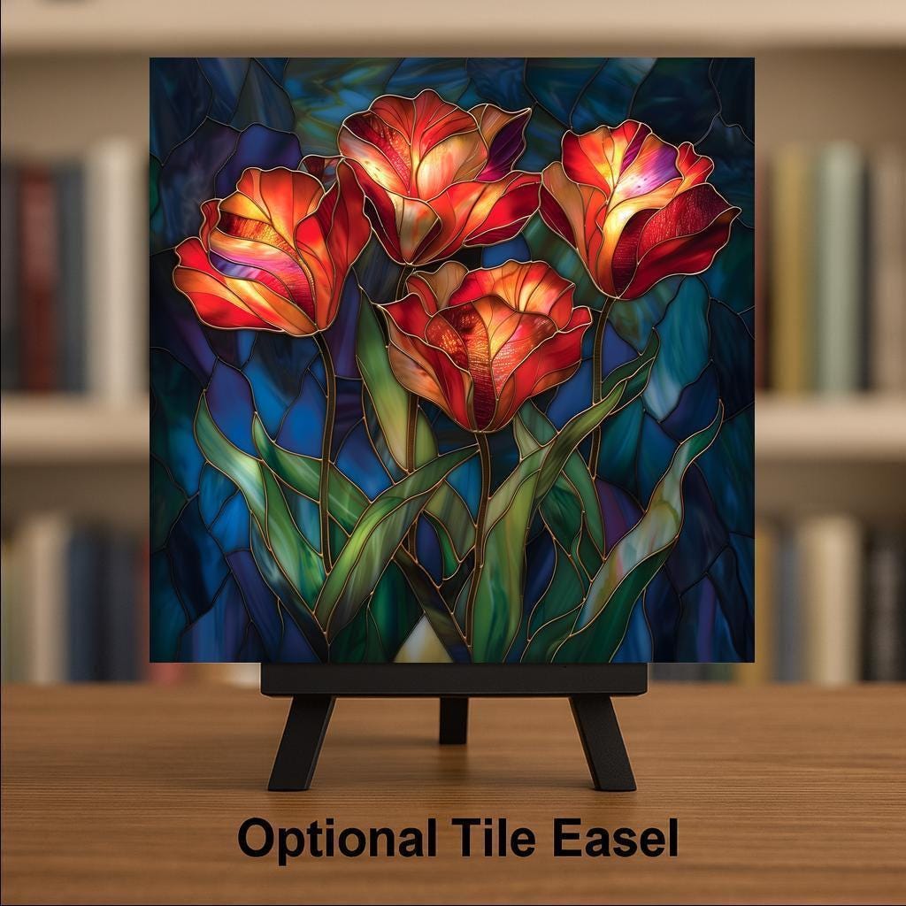 Red Tulip Wall Art Ceramic Tile Stained Glass Style Floral Decor Bold Orange Botanical Home Gift Tile