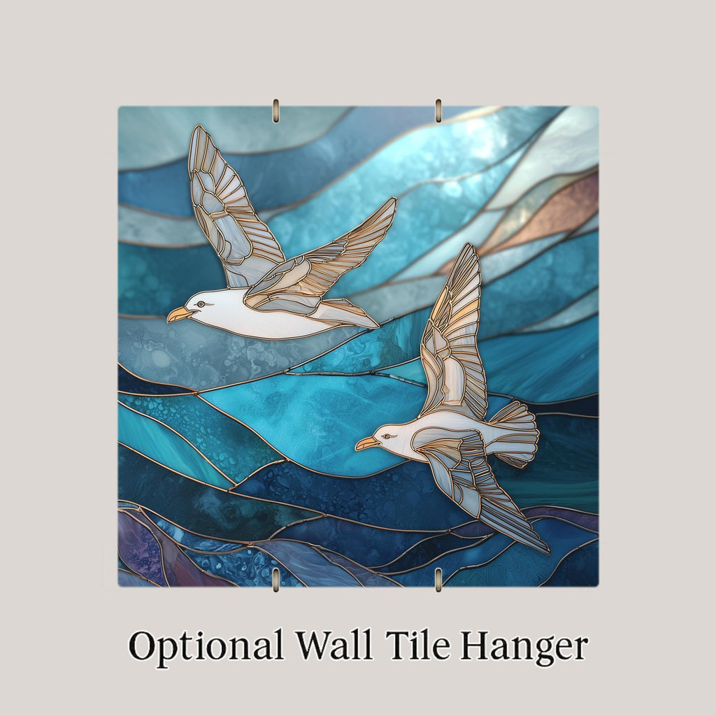 Seagulls Ocean Waves Ceramic Tile Wall Art – Stained Glass Style Coastal Wall Decor, Nautical Home Decor, Beach Cottage Ocean Artwork Tile