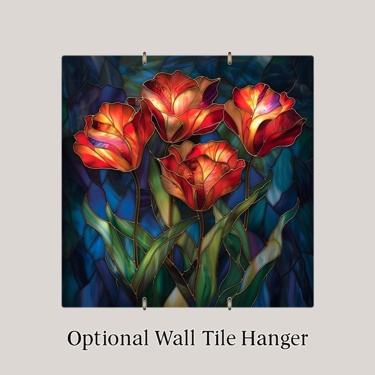 Red Tulip Wall Art Ceramic Tile Stained Glass Style Floral Decor Bold Orange Botanical Home Gift Tile