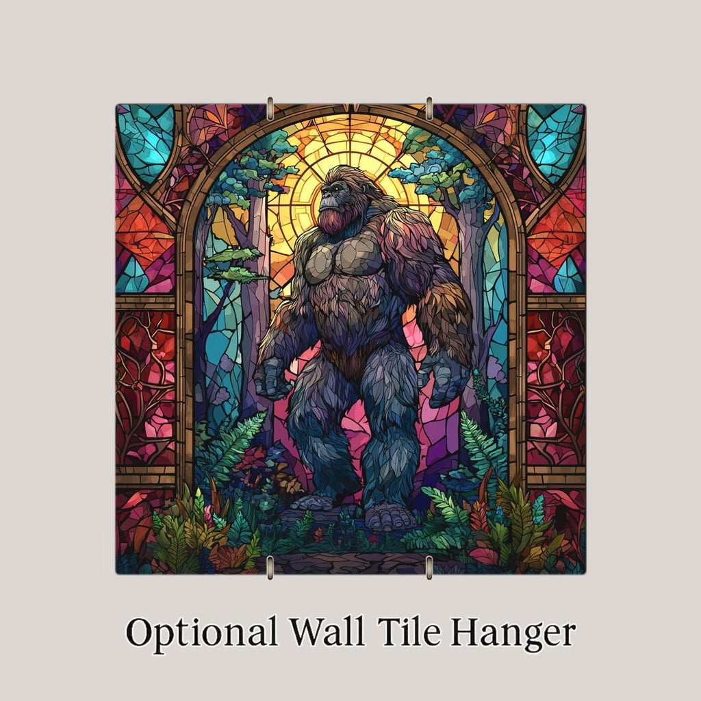 Bigfoot Wall Art Ceramic Tile Stained Glass Style Sasquatch Cathedral Window Decor Colorful Woodland Nature Art