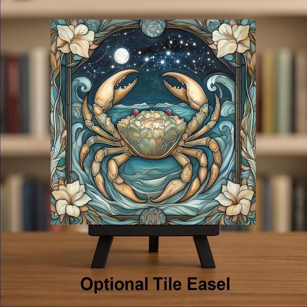 Cancer Zodiac Stained Glass Style Ceramic Art Tile: Night Sky Wall Decor Mystical Home Decor Celestial Wall Art Astrology Zodiac Crab Bir